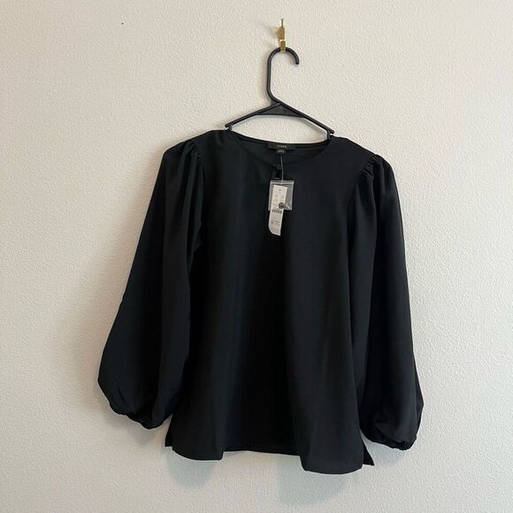 J.Crew NWT Black Blouse Top Keyhole Neck Long Balloon Sleeve Petite Career XSP - Picture 2 of 4